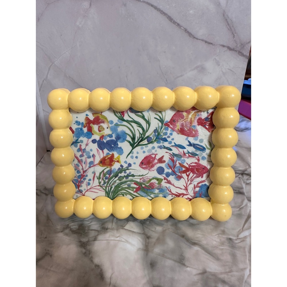 Yellow Bobbin Beaded Picture Frame Tropical Fish Coastal Decor 4x6 Photo